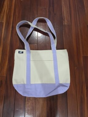 Lands End Medium 5 Pocket Zip Top Long Handle Canvas Tote Bag in Natural/Lavende